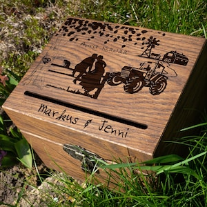 Caixa de cartão de madeira - 469.1 - Caixa de cartão de casamento rústica - Caixa de casamento de presentes de fazendeiro - Casamento no campo - Casamento de trator oeste Caixa de cartão rústica