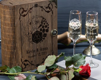Personalized Game Master Wedding Champagne Flutes with Engraved Wooden Box  708