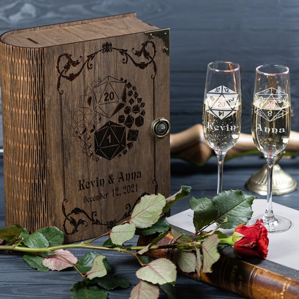 Personalized Champagne Flutes in Engraved  Box  or  Champagne Glasses set  without Wooden  Box - game master Wedding gift  708