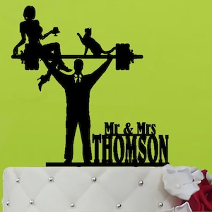 Fitness Couple Cake Topper - 398.1 - lifting barbell Wedding Topper personalized Man is Strong Wedding topper Weight lifting Groom topper