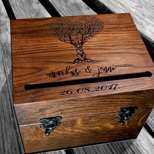 Caixa de cartão de casamento de madeira - 418.1 - Caixa de cartão de casamento Árvore genealógica Decoração rústica de casamento coração amor casamento