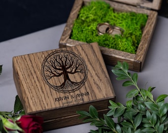 Scatola portafedi personalizzata in rovere: Yggdrasill Albero della Vita, Muschio rustico, matrimonio vichingo