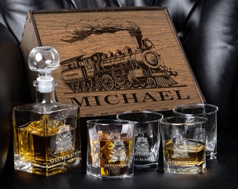 Retro train- Personalized Whiskey Decanter Set, Whiskey Glass and Decanter in  Wooden Box,  Personalized Gift, Vintage Locomotive Train gift