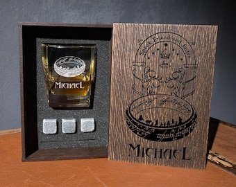 Personalized Whiskey Gift Set: Oak Box, Leather Coaster & Glass