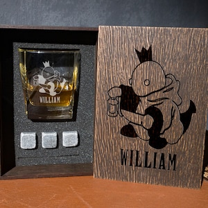 Tonberry coaster and glass and 3 whiskey stones in personalized wood box. - 113/1 - FF fans personalized whiskey gift set