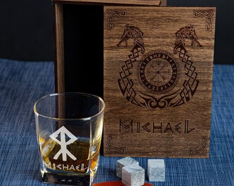 Vegvísir  drakar gift for a viking whiskey glass whiskey stones in personalized wood box 629/1 Christmas gifts Bourbon glass gifts for dad