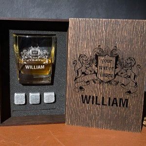 Personalized whiskey gift set - 146\1 - coaster and glass and 3 whiskey stones in personalized wood box
