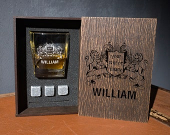 Personalized whiskey gift set - 146\1 - coaster and glass and 3 whiskey stones in personalized wood box