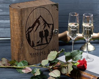 Personalized Mountain Wedding Champagne Glasses with Engraved Wooden Box 700