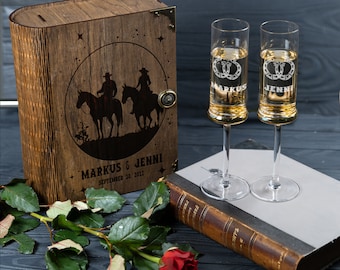 Cowboy Wedding Champagne Flutes with Engraved Wooden Box 701