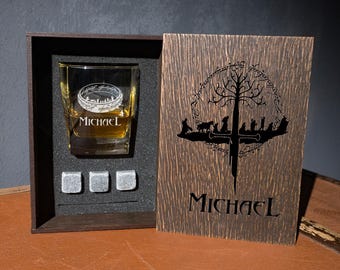 Personalized Whiskey Glass Set: Engraved Wood Box, Leather Coaster