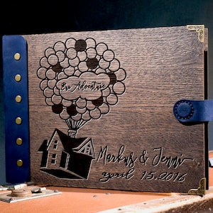 Wooden wedding guest book - 302.1 -Our Adventure  Up wedding , Balloon house wedding guest book