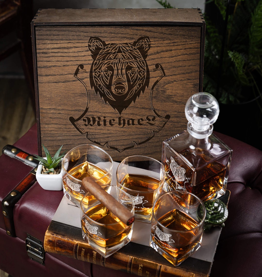Whiskey Glass and Decanter Set in Personalized Wooden Box Bear Ornament, Fathers Gift, Christmas