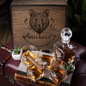 Whiskey Glass and Decanter Set in Personalized Wooden Box - bear ornament, Fathers Gift, Christmas Gift - Bourbon Decanter - bourbon gifts