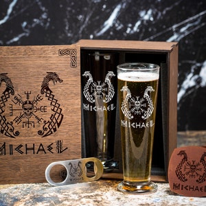 Personalized Vegvisir gifts - Beer glass set -  Beer glass -Gift viking ship Vegvisir -510/1