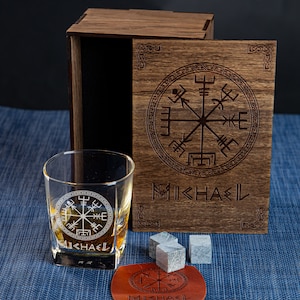 whiskey glass and 3 whiskey stones in personalized wood box. 628/1. Vegvísir gift for a real viking christmas gift idea christmas present