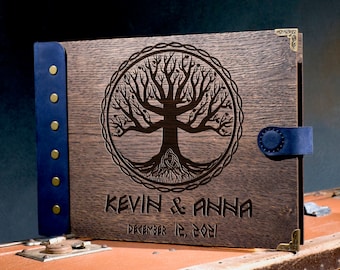 Viking Wedding Guest Book: Rustic Tree of Life, Personalized Leather Binding