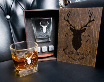 Coaster and glass and 3 whiskey stones in personalized wood box - 130\1 - Gift for the hunter - whiskey set with deer