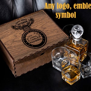 Military Personalized Whiskey Set - Whiskey Glass and Decanter Set in Personalized Wooden Box -United States Army  Personalized Gift