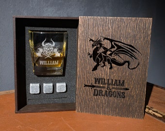 Personalized whiskey gift set - 115/1 - Coaster and glass and 3 whiskey stones in  wood box. rpg dragons fan gift