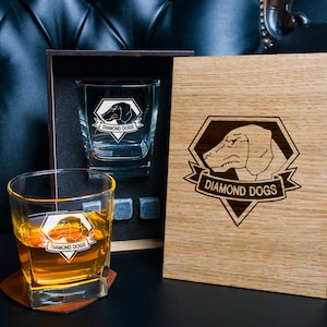 Coaster and glass and 3 whiskey stones in personalized wood box  - 55/1 - Personalized whiskey gift set .