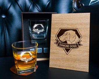 Coaster and glass and 3 whiskey stones in personalized wood box  - 55/1 - Personalized whiskey gift set .