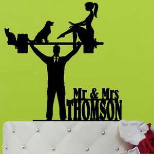 Fitness Couple Cake Topper  barbell Wedding Topper  Gift personalized Man is Strong Wedding Cake topper Weight lifting Groom topper