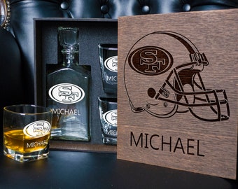 Personalized whiskey gift set - 13/1 -  San Francisco football fan gift - Decanter and Whiskey Glass in wood box