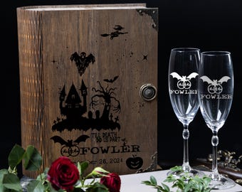Taças de champanhe personalizadas para casamento com tema de Halloween