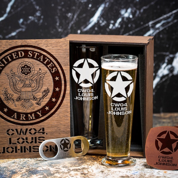Beer glass set for  US Army Officer gift - Personalized  Beer glass set - Gift for Veteran United States Army  -502/1