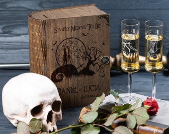 Taças de champanhe para casamento com tema de Halloween e caixa de lembranças de madeira gravada 722