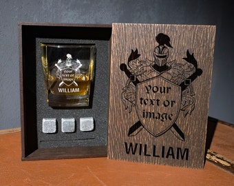 Personalized whiskey gift set - 142\1 - coaster and glass and 3 whiskey stones in personalized wood box