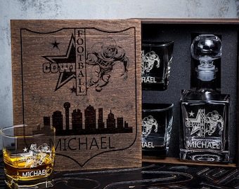 Decanter +2 Whiskey Glasses in wood box - 03/1 - football fan gift - fan Personalized whiskey gift set
