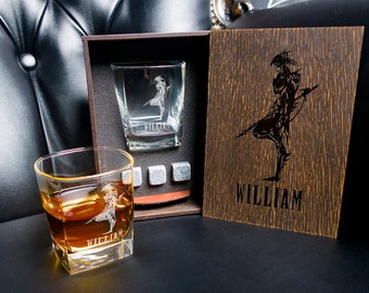 Personalized Whiskey Gift Set – Engraved Glass, Stones, Oak Box