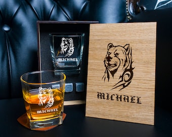 Personalized whiskey glass and 3 whiskey stones in personalized wood box. - 97/1 - bear gifts .Groomsmen gift set. wedding gifts for him.