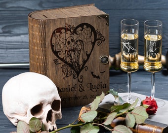 Taças de champanhe para casamento de Halloween com caixa de madeira gravada com Jack e Sally 717