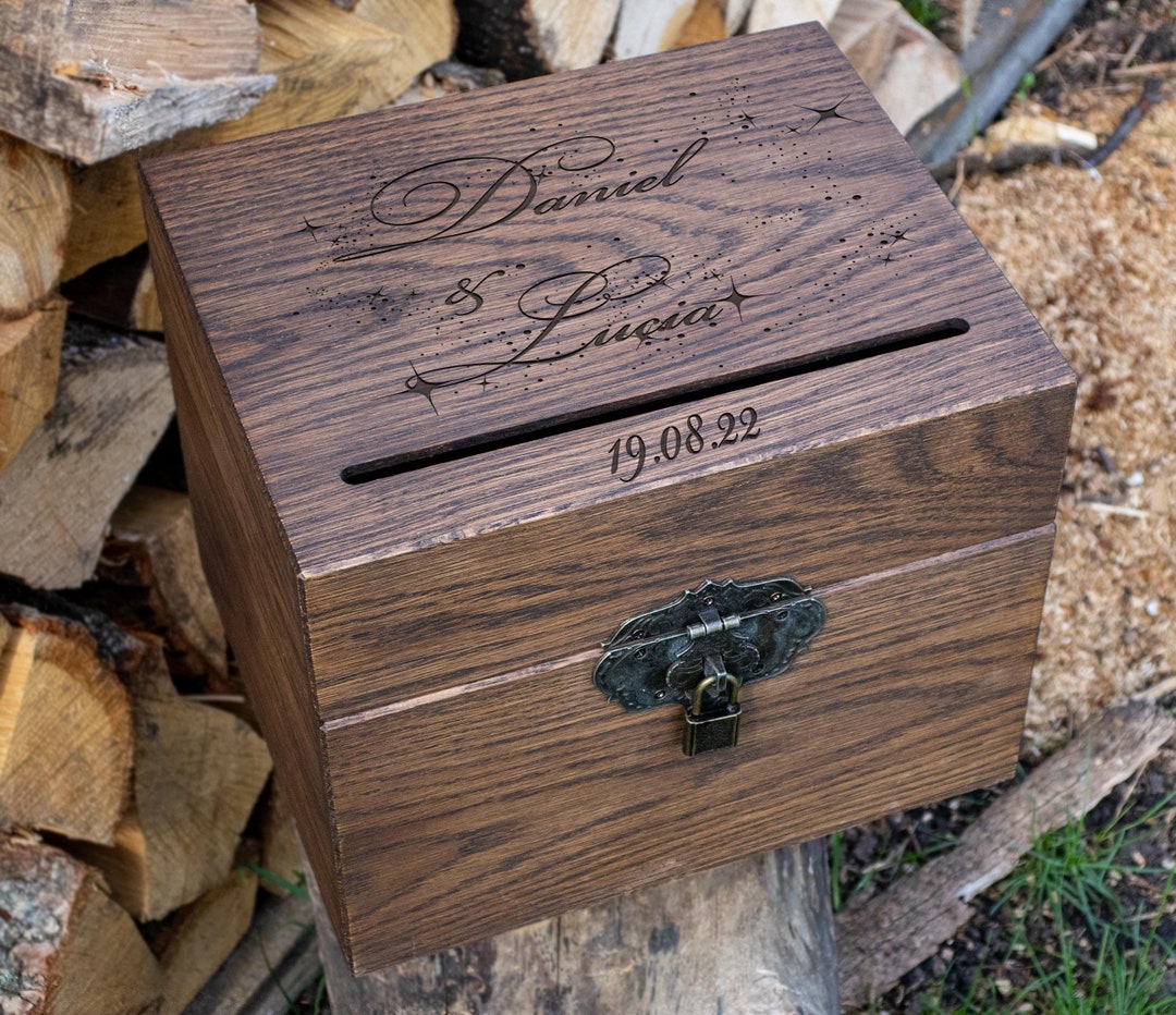 Personalized Rustic Oak Wood Wedding Card Box – Engraved Keepsake 440.1 ...