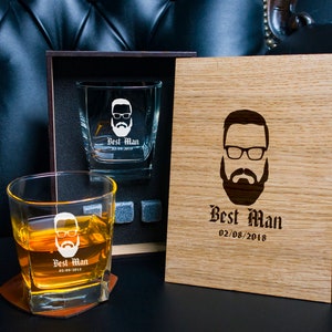Personalized whiskey glass and 3 whiskey stones in personalized wood box. - 126/1 - Groomsmen gift set. wedding gifts for him.