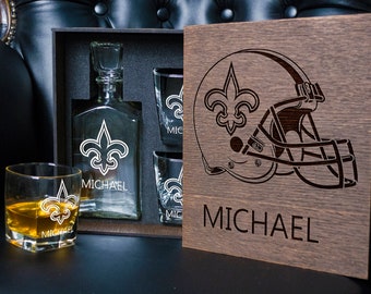 Personalized whiskey gift set - 09/1 -  New Orleans football fan gift - Decanter and Whiskey Glass in wood box