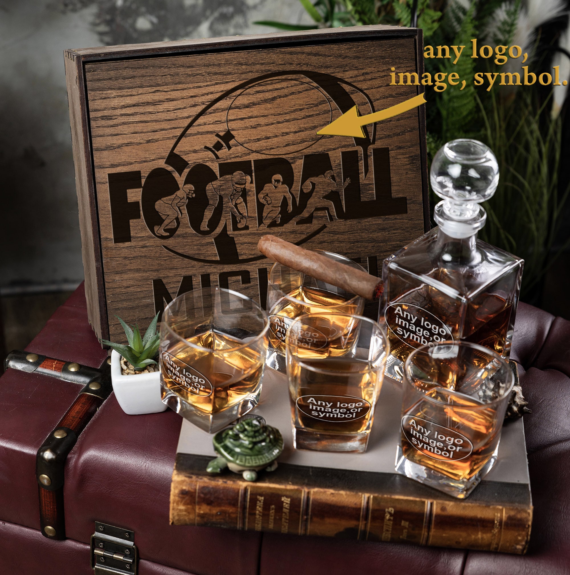 Engraved Whiskey Glass and Decanter Set in Elegant Wooden Box - Customized  Football Lover's Gift - football fan gift - football gifts