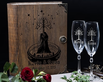Taças de champanhe personalizadas com caixa de madeira gravada: Taças para brinde de casamento