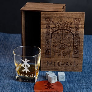 whiskey glass 3 whiskey stones in personalized wood box. 608/1.  valhalla gate for a real viking   bourbon glass men gifts for dad birthday