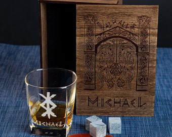 whiskey glass 3 whiskey stones in personalized wood box. 608/1.  valhalla gate for a real viking   bourbon glass men gifts for dad birthday