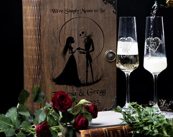 Halloween Anniversary Gift Personalized Champagne Flutes in Engraved Wood Box or Sally And Jack Wedding champagne gift set without  Box