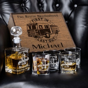 Wooden Boxed Whiskey Glass and Decanter Set  - Personalized Barware Set - firefighter gift - fire rescue Brotherhood  fire truck