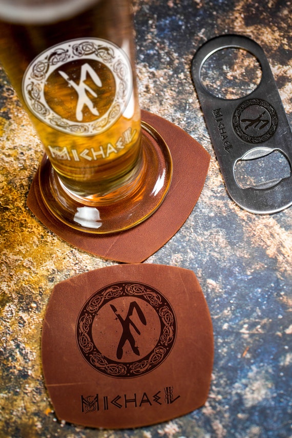 Coaster W/ BOTTLE OPENER - Viking Protection Rune - SET OF 2 Coaster W/ BOTTLE OPENER - Viking Protection Rune - SET OF 2
