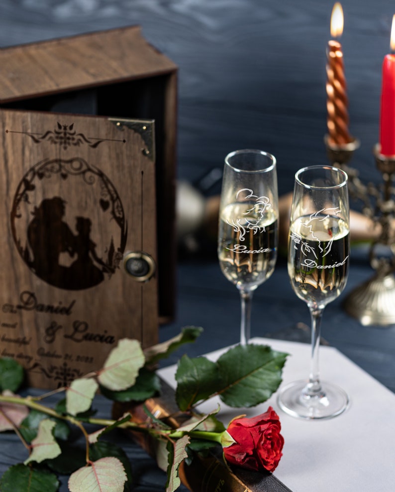 Personalized Champagne Flutes in Engraved Wood Presentation Box or Princess Wedding Champagne Glasses without Keepsake Box 710/1 image 9