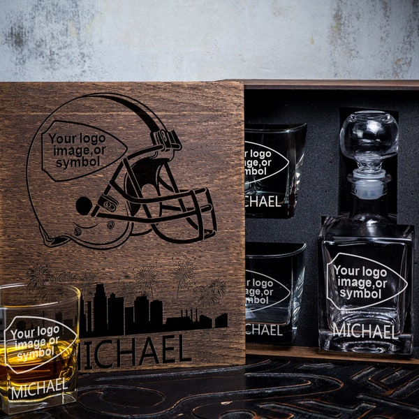 Coffret cadeau whisky personnalisé - 29/1 - cadeau fan de football - carafe et verre à whisky dans une boîte en bois - équipe de football personnalisée