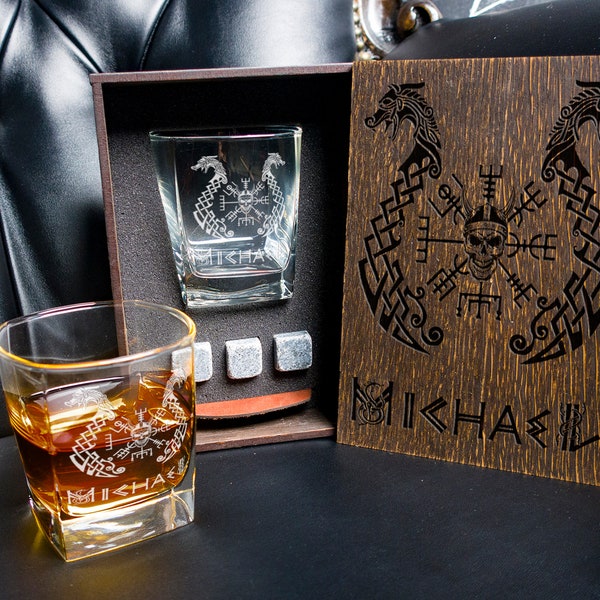 Personalized Viking Ship Whiskey Gift Set: Engraved Glass & Wood Box 125/1