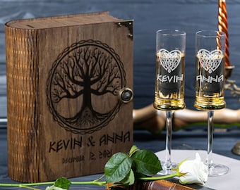 Personalized Wedding Champagne Flutes: Engraved Tree of Life, Wooden Box Option